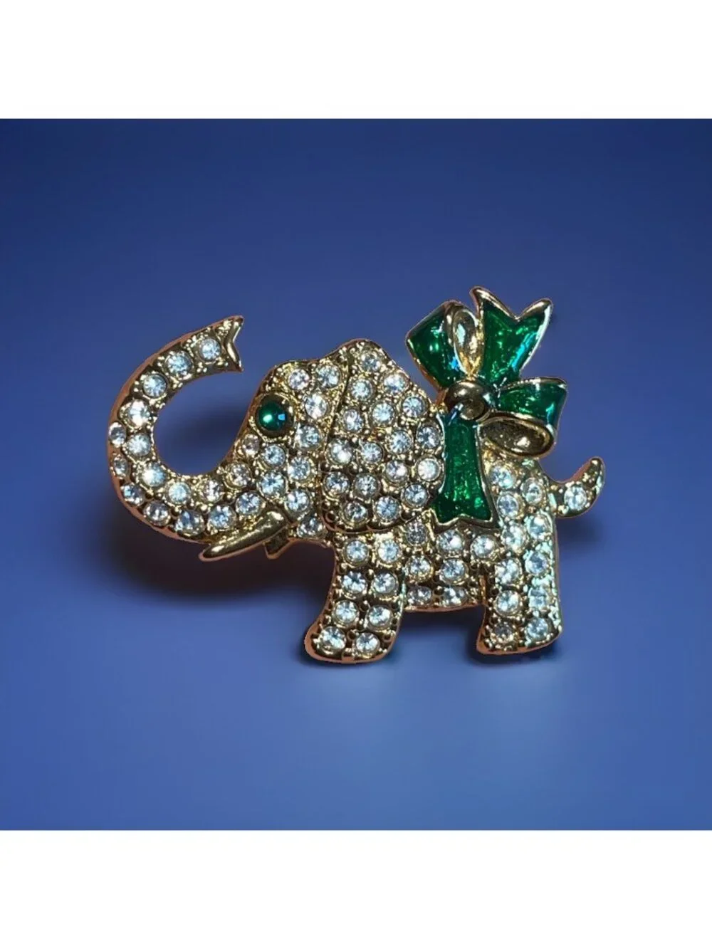 Monet Signed Designer Elephant Brooch Rhinestone Enamel Green Bow Gold-Tone